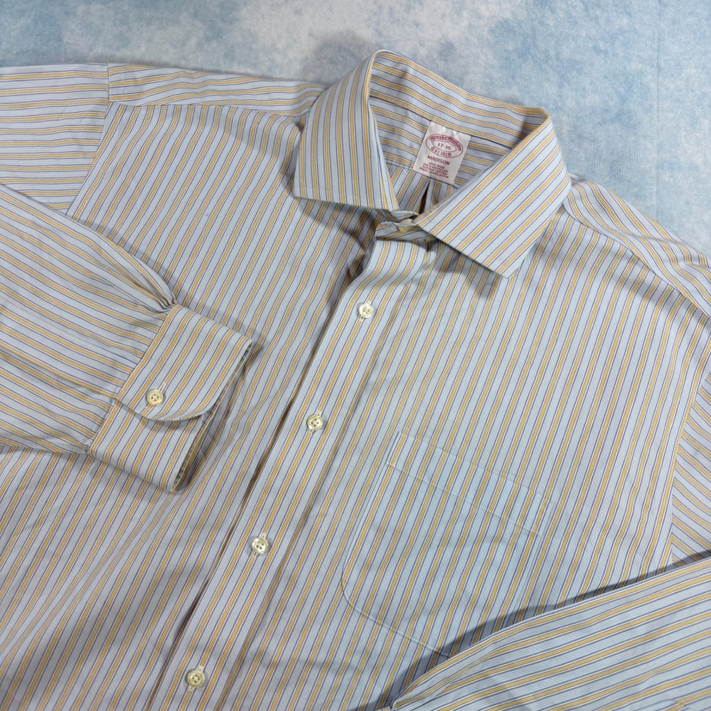 Brooks Brothers Dress Shirt Mens 17-35 Blue Yellow Excellent Madison Non-Iron